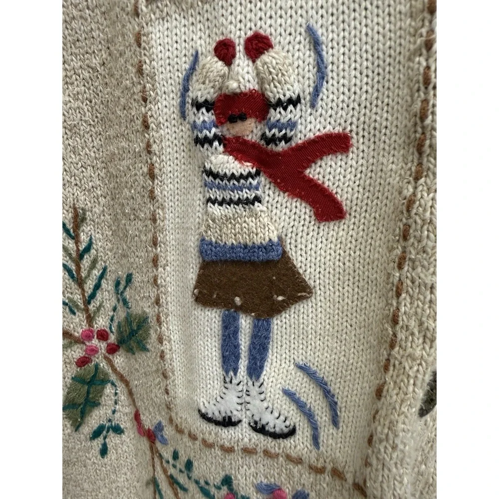 Alfred Dunner Holiday Christmas Cardigan Beige M Embroidered 3D Grandma Cottage